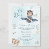 アドベンチャーキュートベアーブルー飛行機オ男の子ベビーシャワー 招待状 (正面)