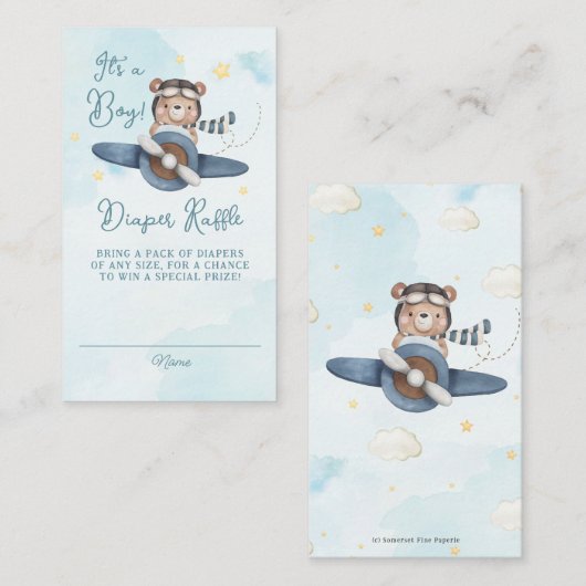 アドベンチャーキュートベアーブルー飛行機ベビーおむつラッフル エンクロージャーカード (正面/裏面)