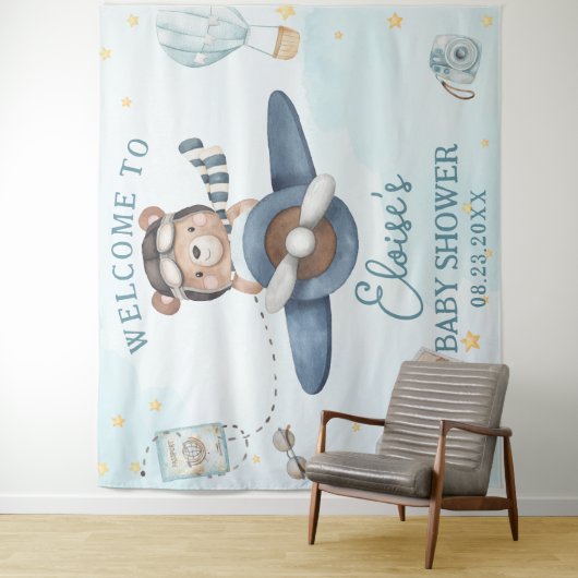 アドベンチャーキュートベアーブルー飛行機ボーイベビーシャワー タペストリー (インサイチュ)