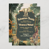 アドベンチャージャングル動物のベビーシャワー 招待状 (正面/裏面)