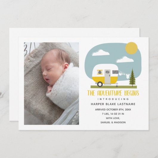 アドベンチャースタートイエローカンパーベビー誕生 案内状 (正面/裏面)
