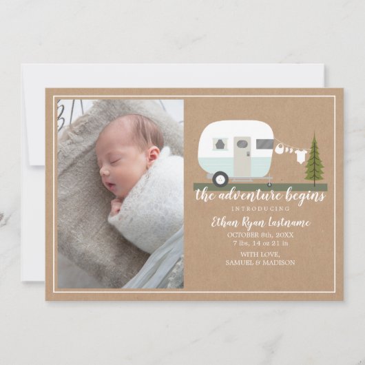 アドベンチャースタートブルーキャンパーベビー誕生 案内状 (正面)