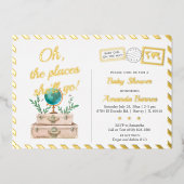 アドベンチャートラベルスーツケース赤ちゃんガールシャワー金ゴールド 箔招待状 (正面)