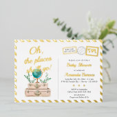 アドベンチャートラベルスーツケース赤ちゃんガールシャワー金ゴールド 箔招待状 (立ち正面)