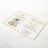 アドベンチャートラベルスーツケース赤ちゃんガールシャワー金ゴールド 箔招待状 (回転した状態)