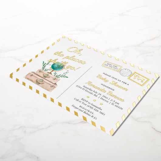 アドベンチャートラベルスーツケース赤ちゃんガールシャワー金ゴールド 箔招待状 (回転した状態)