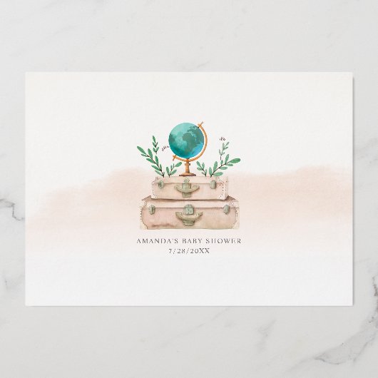 アドベンチャートラベルスーツケース赤ちゃんガールシャワー金ゴールド 箔招待状 (裏面)