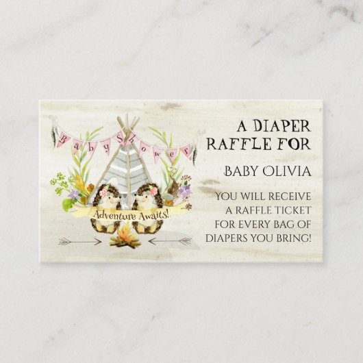 アドベンチャーピンクガールヘッジホッグティーピーおむつラッフル エンクロージャーカード (正面)