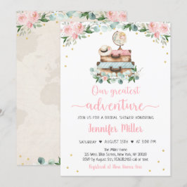 アドベンチャーピンク金ゴールドフローラ旅行ブライダルシャワー 招待状