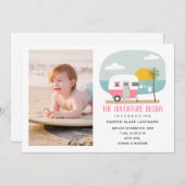 アドベンチャーベスターズピンクビーチキャンパーベビー誕生 案内状 (正面/裏面)