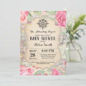 アドベンチャーベビーシャワーピンクフローラマップトラベルワールド 招待状 (スタンド正面)
