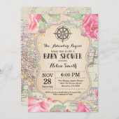 アドベンチャーベビーシャワーピンクフローラマップトラベルワールド 招待状 (正面/裏面)