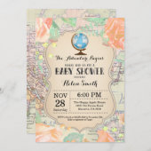 アドベンチャーベビーシャワーピンクフローラマップトラベルワールド 招待状 (正面/裏面)