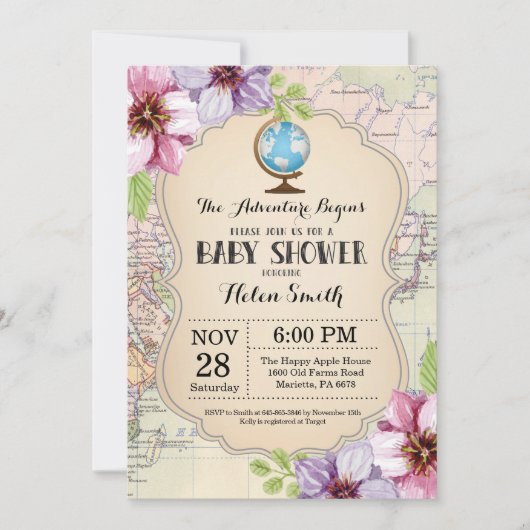 アドベンチャーベビーシャワーフローラマップトラベルワールド 招待状 (正面)