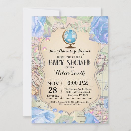 アドベンチャーベビーシャワーブルーフローラマップトラベルワールド 招待状 (正面)