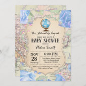 アドベンチャーベビーシャワーブルーフローラマップトラベルワールド 招待状 (正面/裏面)