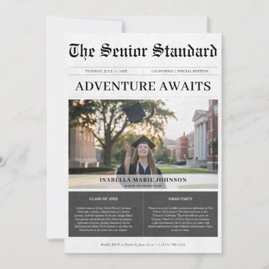 アドベンチャーユニークが新聞卒業写真を待つ 招待状 (正面)
