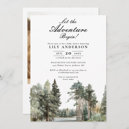 アドベンチャーレイクフォレストフォトQRコードベビーシャワー 招待状 (正面/裏面)