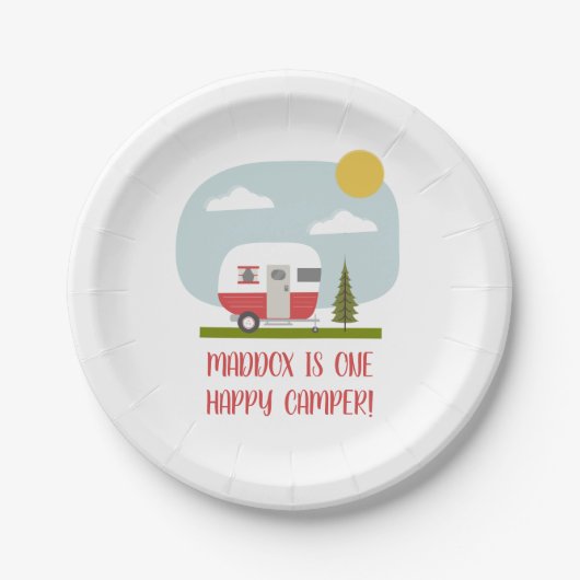 アドベンチャーレッドキャンパー誕生日紙プレート ペーパープレート (正面)