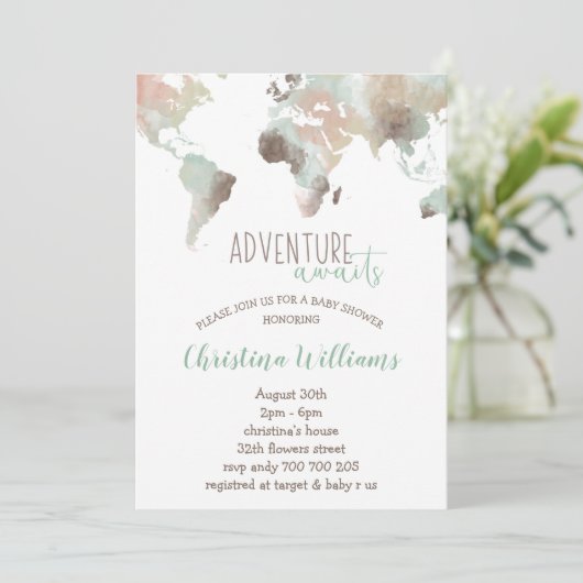 アドベンチャーワアウェイズウォーターの色ワールドマップベビーシャワー 招待状 (スタンド正面)
