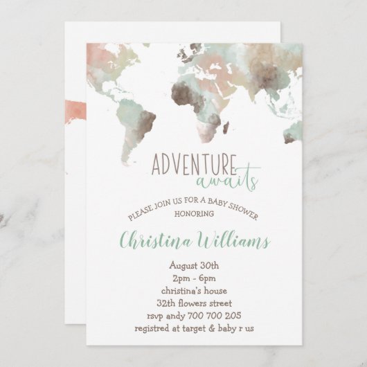 アドベンチャーワアウェイズウォーターの色ワールドマップベビーシャワー 招待状 (正面/裏面)