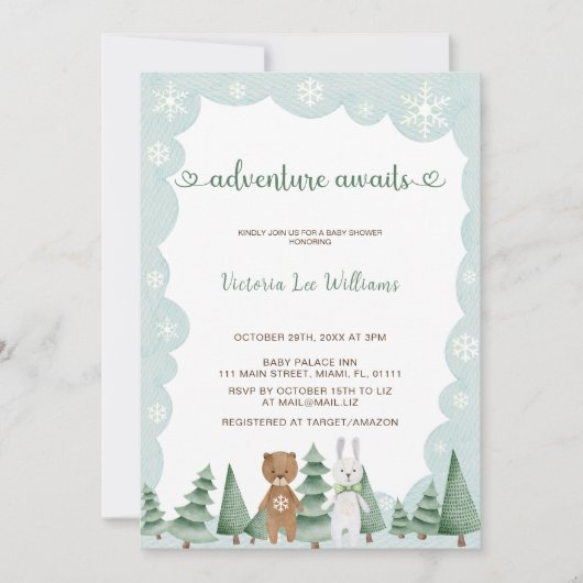 アドベンチャーワアウェイズウォーター色の冬のベビーシャワー 招待状 (正面)