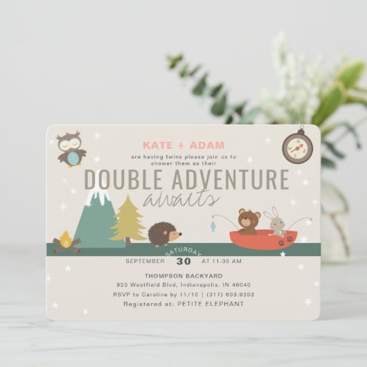 アドベンチャーワアウェイズウッドランドツインガールズベビーシャワー 招待状 (スタンド正面)