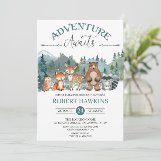 アドベンチャーワアウェイズウッドランド素朴ベビーシャワー招待客 招待状 (スタンド正面)