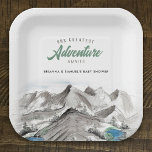 アドベンチャーワアウェイズカップルベビーシャワー山 ペーパープレート<br><div class="desc">このカップル赤ちゃんシャワー紙プレートは、山、池、松の木の水色の荒野の風景を示す素朴な山の冒険テーマを提供している。これは屋外イベントに最適。</div>