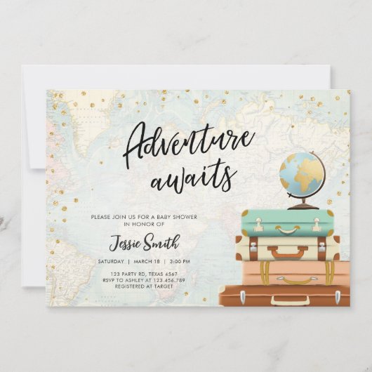 アドベンチャーワアウェイズトラベルカップル赤ちゃんシャワー 招待状 (正面)