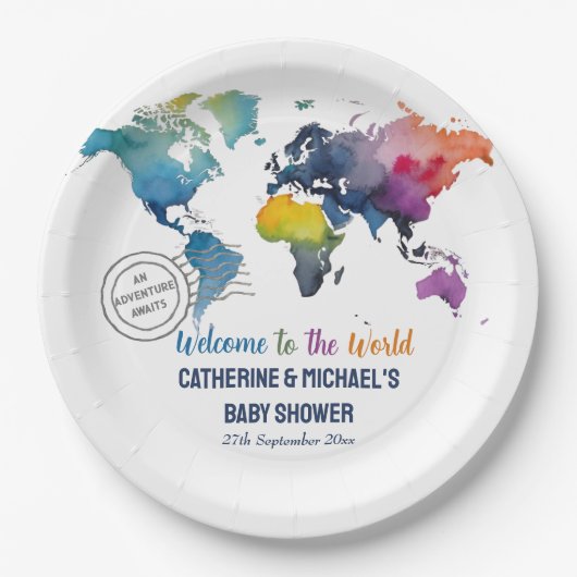アドベンチャーワアウェイズワールドマップトラベルベビーシャワー ペーパープレート (正面)