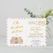 アドベンチャーワールドトラベルベビーガールラベンダー金ゴールド 箔招待状 (立ち正面)