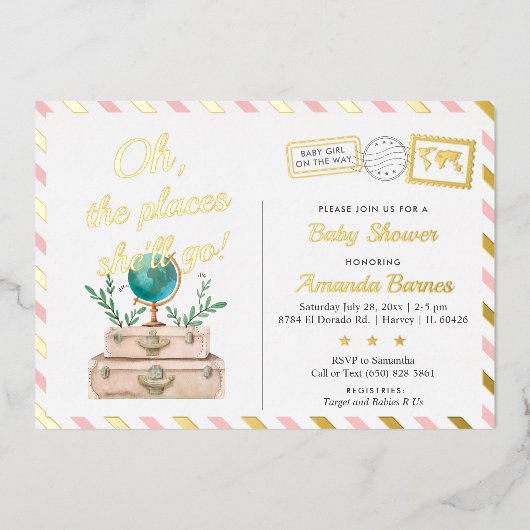 アドベンチャーワールドトラベルベビーガール赤面ピンク金ゴールドF 箔招待状 (正面)