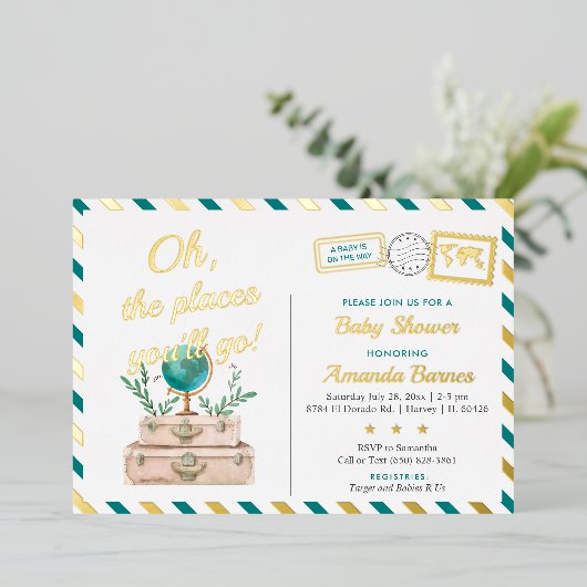 アドベンチャーワールドトラベル男の赤ちゃんマップティール(緑がかった色)ブルー金ゴールド 箔招待状 (立ち正面)