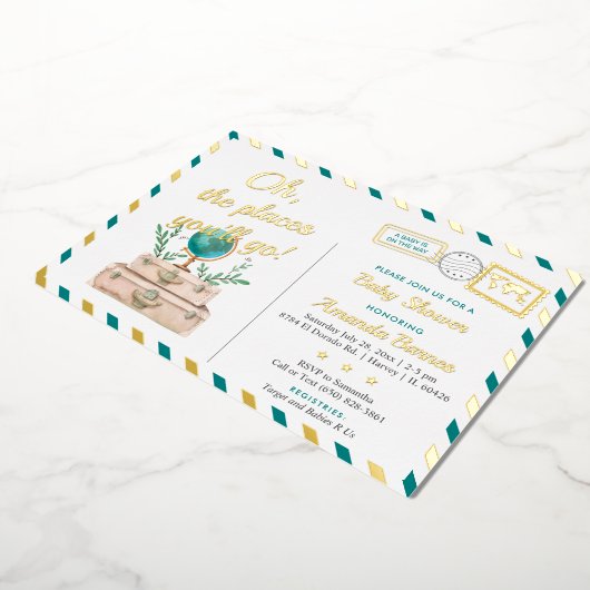 アドベンチャーワールドトラベル男の赤ちゃんマップティール（緑がかった色）ブルー金ゴールド 箔招待状 (回転した状態)