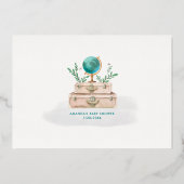 アドベンチャーワールドトラベル男の赤ちゃんマップティール(緑がかった色)ブルー金ゴールド 箔招待状 (裏面)