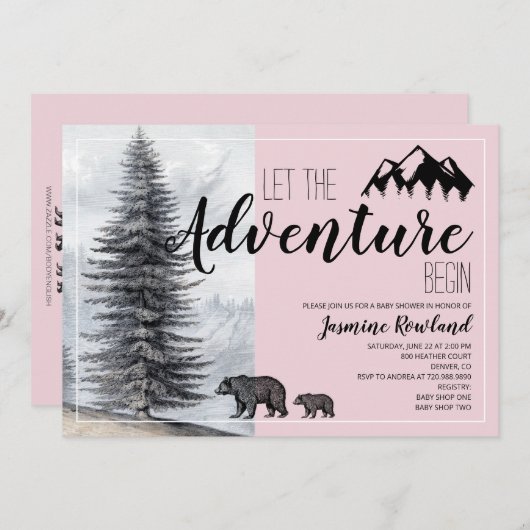 アドベンチャー待ちウッドランドベアーピンク赤ちゃんシャワー 招待状 (正面/裏面)