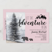 アドベンチャー待ちウッドランドベアーピンク赤ちゃんシャワー 招待状 (正面/裏面)
