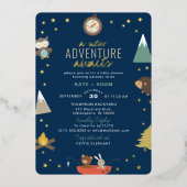 アドベンチャー待ちウッドランドボーイネイビーベイビーシャワー 箔招待状 (正面)