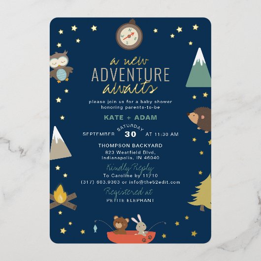 アドベンチャー待ちウッドランドボーイネイビーベイビーシャワー 箔招待状 (正面)