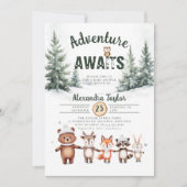 アドベンチャー待ちウッドランド雪の冬の赤ちゃんシャワー 招待状 (正面)
