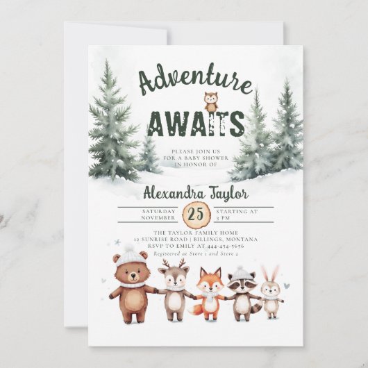 アドベンチャー待ちウッドランド雪の冬の赤ちゃんシャワー 招待状 (正面)