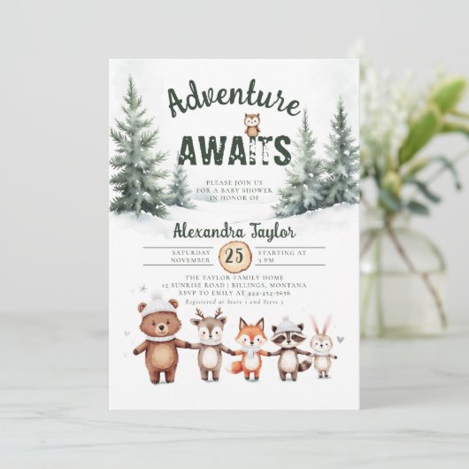 アドベンチャー待ちウッドランド雪の冬の赤ちゃんシャワー 招待状 (スタンド正面)