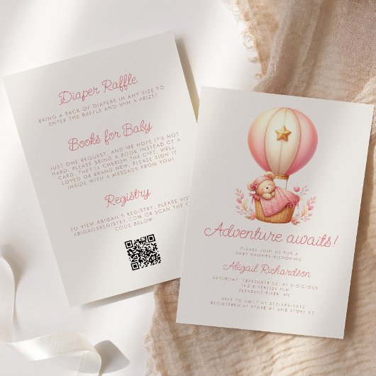 アドベンチャー待ちクマQRコードガールベビーシャワー 招待状