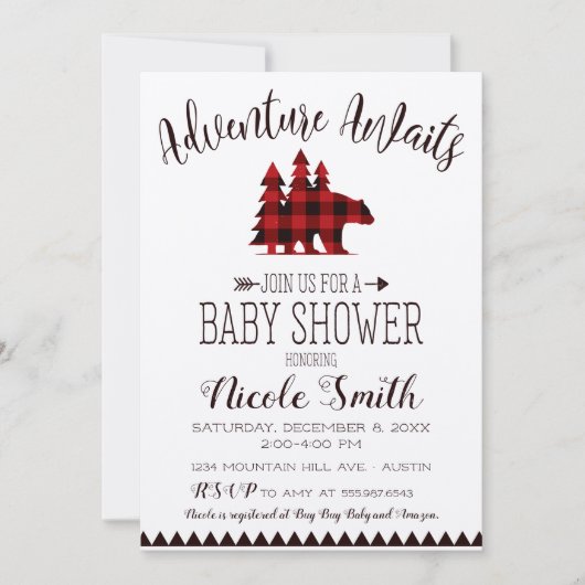 アドベンチャー待ちバッファローチェック熊ベビーシャワー 招待状 (正面)
