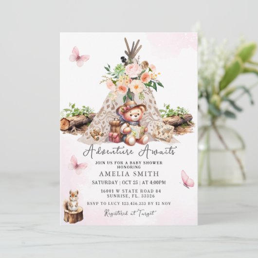 アドベンチャー待ちピンクかわいいクマ赤ちゃんシャワー 招待状 (スタンド正面)