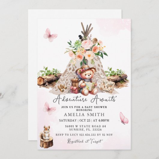 アドベンチャー待ちピンクかわいいクマ赤ちゃんシャワー 招待状 (正面/裏面)