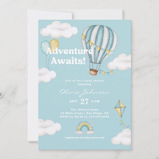 アドベンチャー待ちブルーホットエアバルーン赤ちゃんシャワー 招待状 (正面)