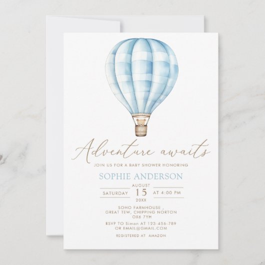 アドベンチャー待ちブルーホットエアバルーン赤ちゃんシャワー 招待状 (正面)