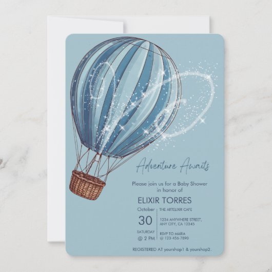 アドベンチャー待ちブルーホットエアバルーン赤ちゃんシャワー 招待状 (正面)